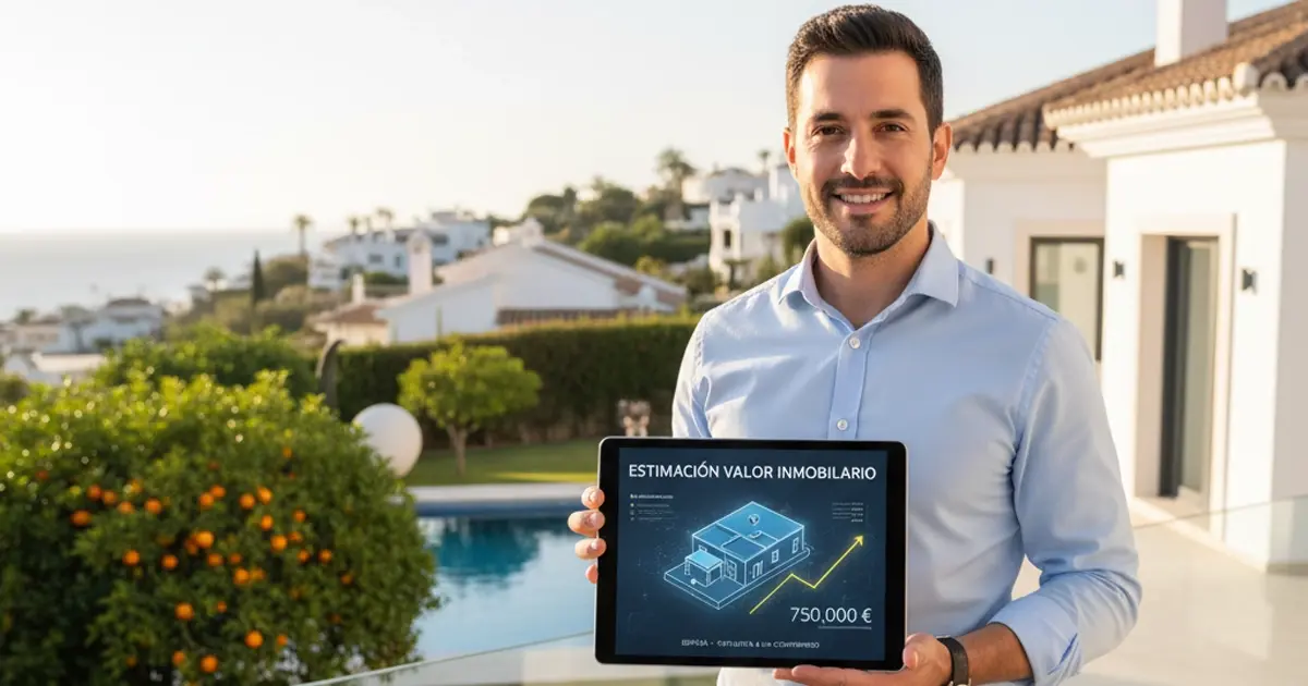 estimation-valeur-immobiliere-espagne-2025 Agent immobilier présentant une estimation de valeur immobilière en Espagne sur une tablette, devant une villa avec piscine et vue mer