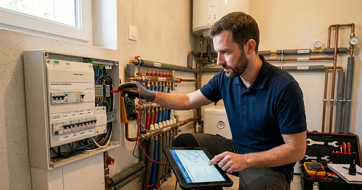 Electricien vérifiant l'installation électrique
